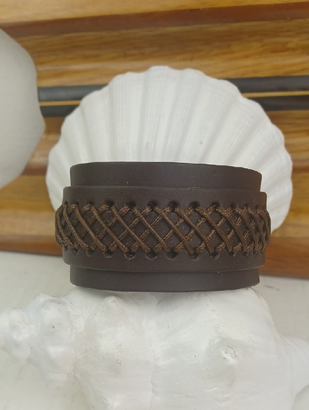 Men's Brown Layered Leather Criss Cross Cord Design Cuff Snap Bracelet